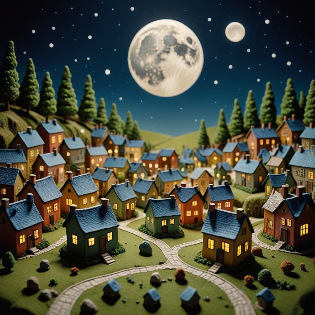 Thumbprint Moon Over Mini Town in Claymation Style