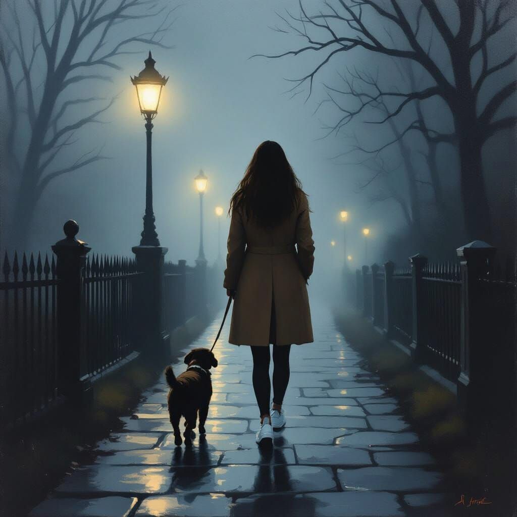 Woman Walking Dog on Foggy Path in Moody Oil Painting Style