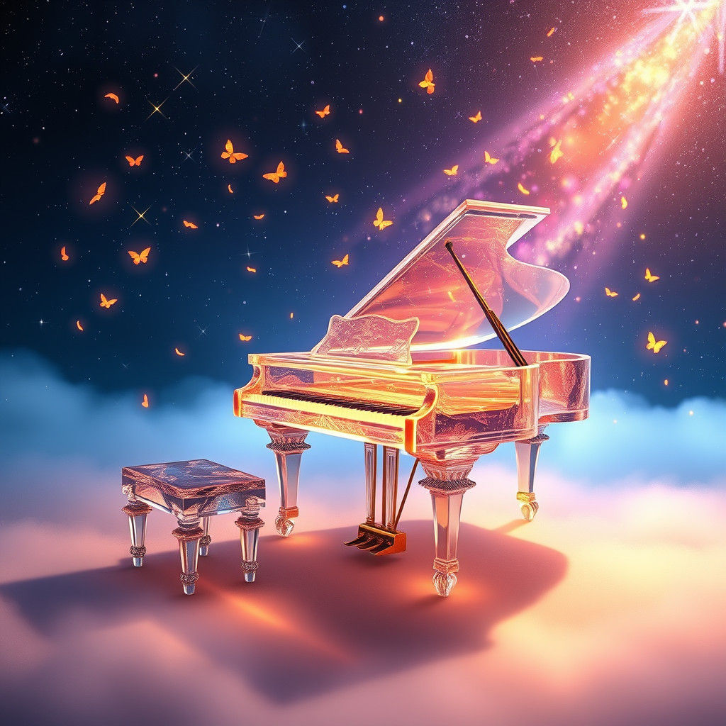 Iridescent Piano Silhouette Releases Golden Musical Notes