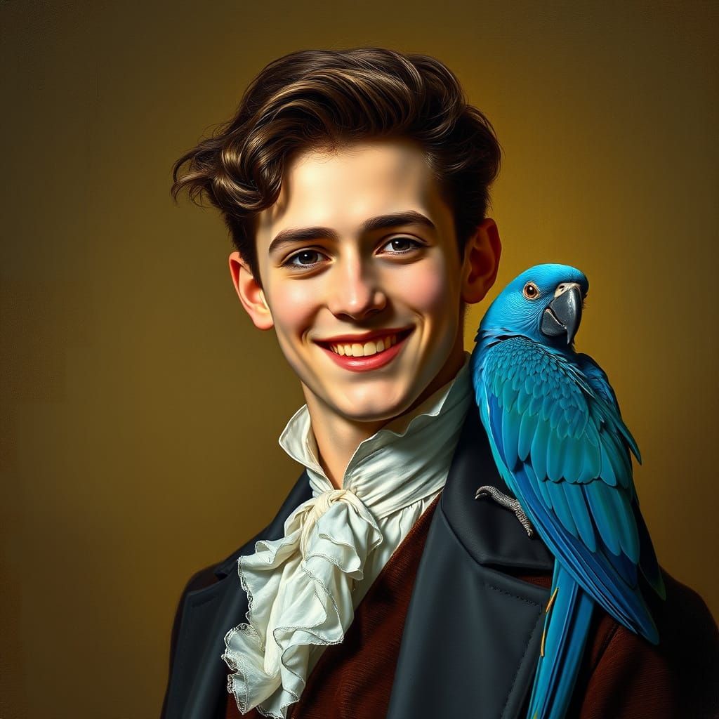 Young man with a blue parrot