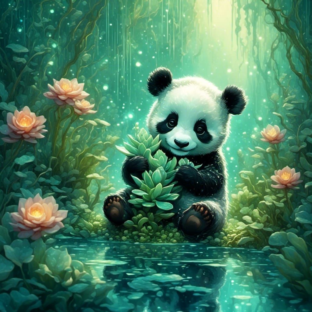 Cute Baby Panda with Succulent Plant
