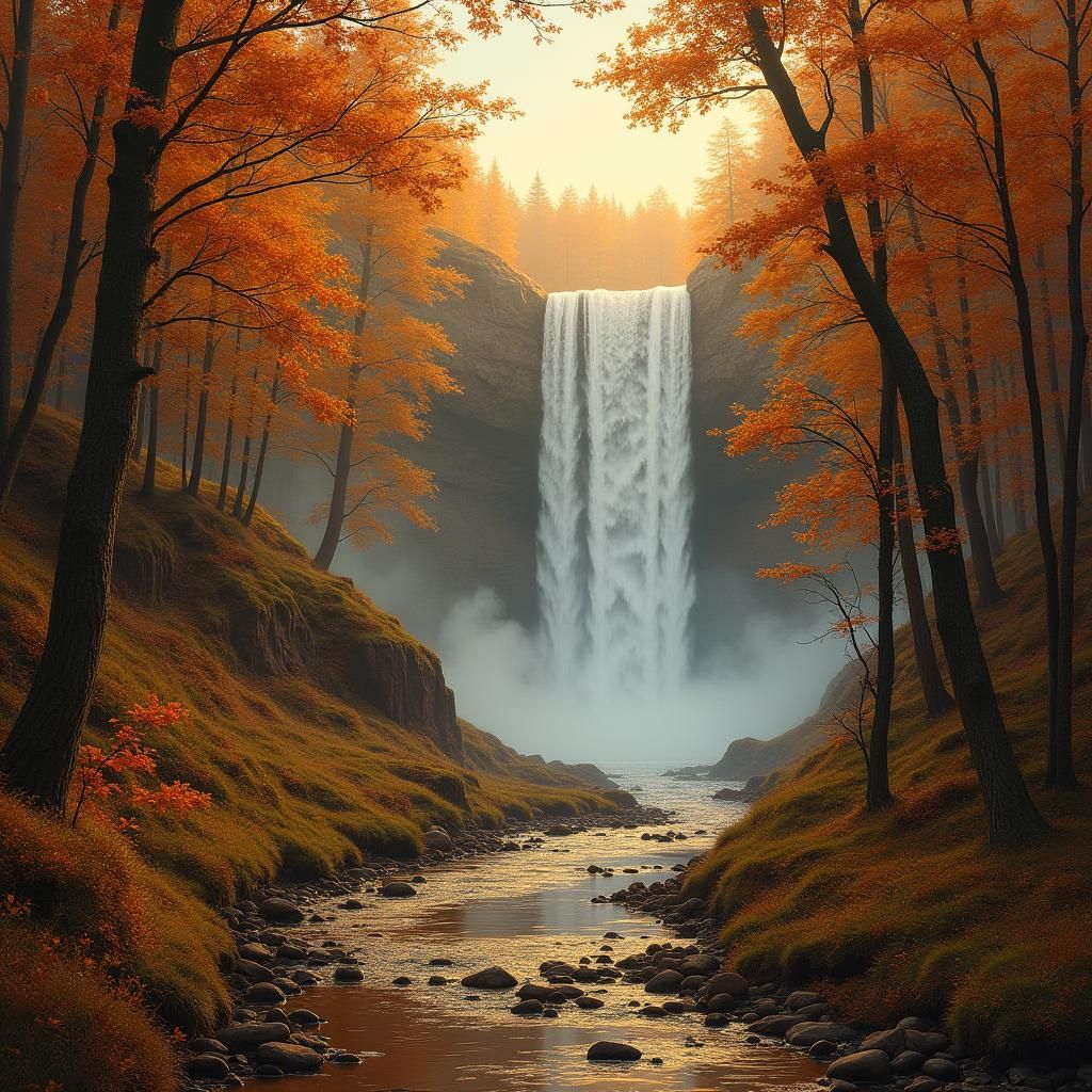 Autumn Forest Path Leading to Waterfall at Dusk