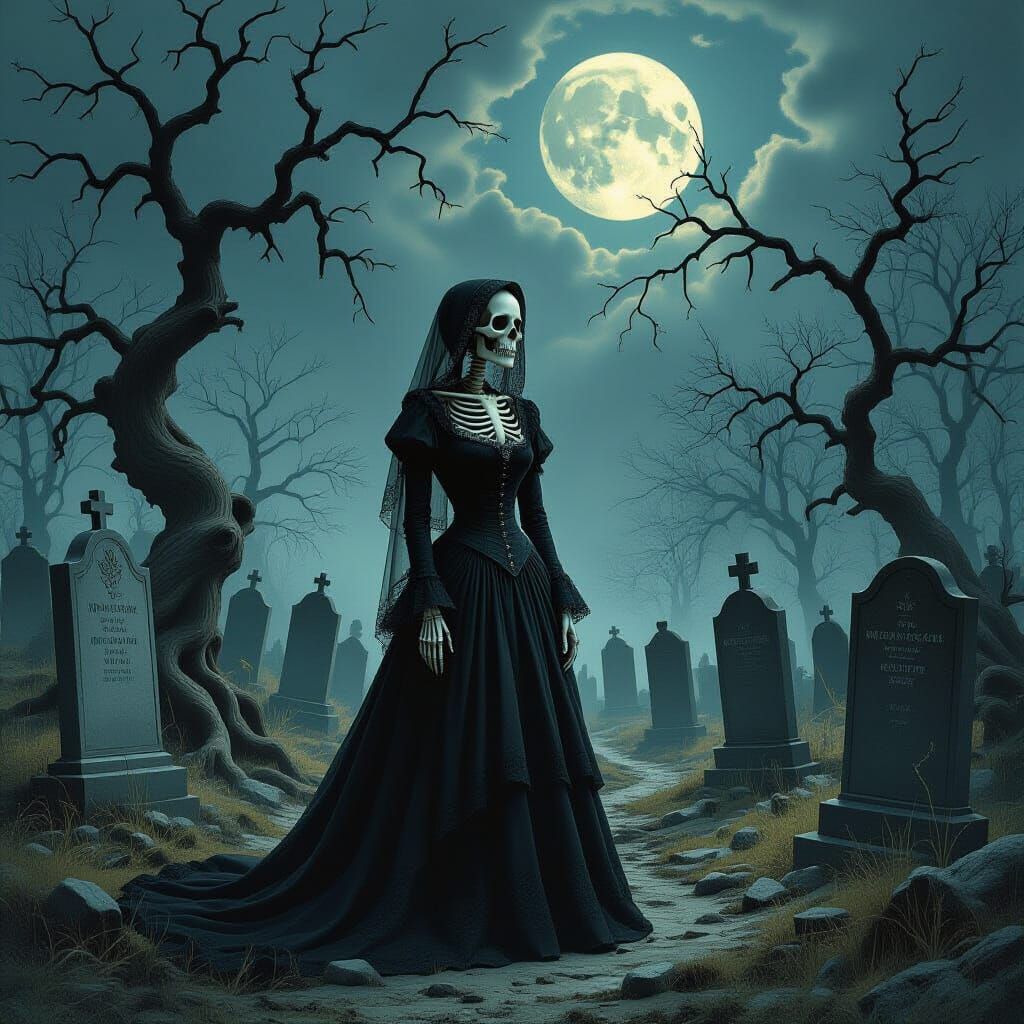 Skeleton in Victorian Mourning Attire in Moonlit Graveyard