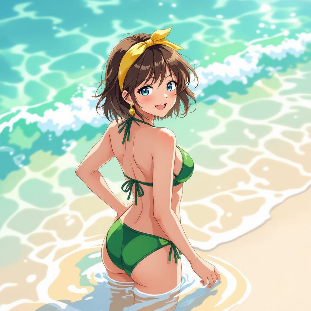 Anime-Style Woman on Beach with Green Bikini