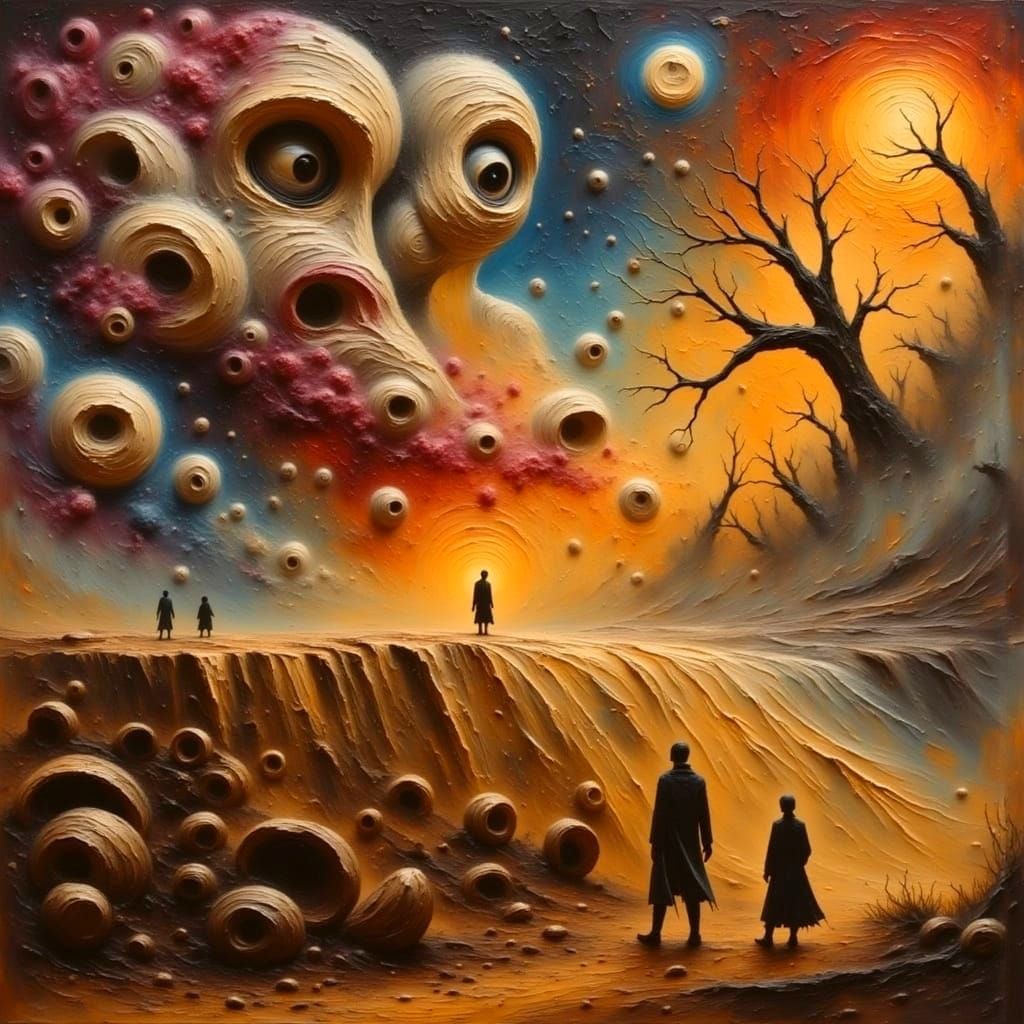 Distorted Figure in a War-Torn Dreamscape