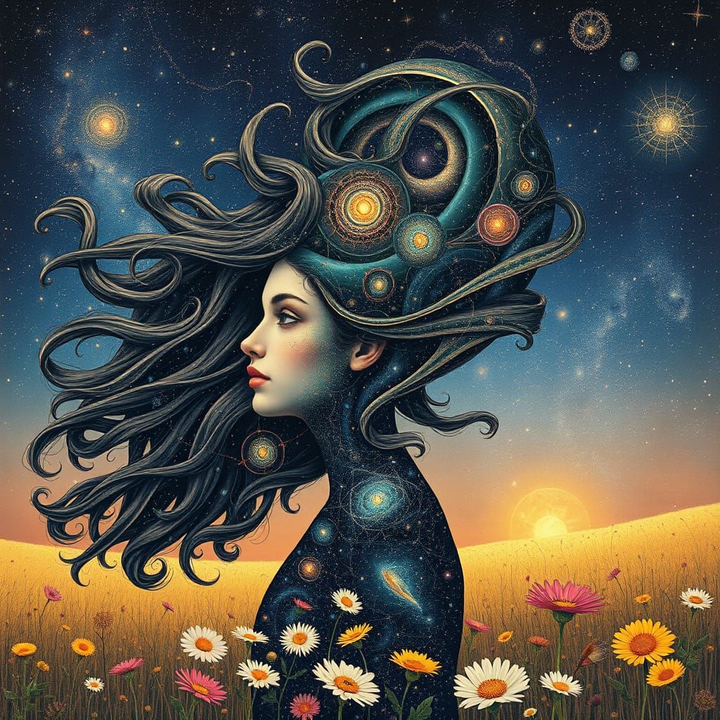 Galactic Woman in Starry Wildflower Field