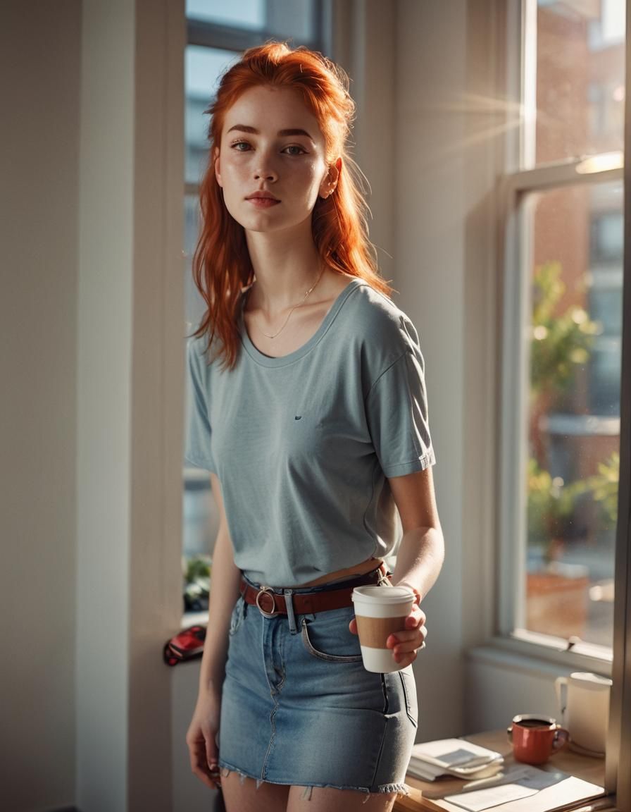 Pretty Model with Coffee: Vibrant Digital Portrait