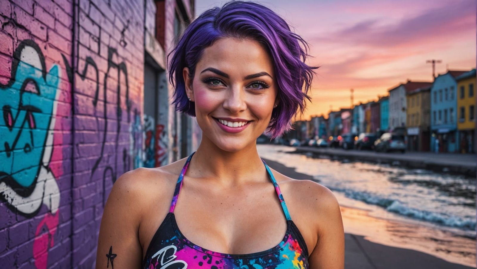 Beautiful Woman with Purple Hair, Graffiti Art Style