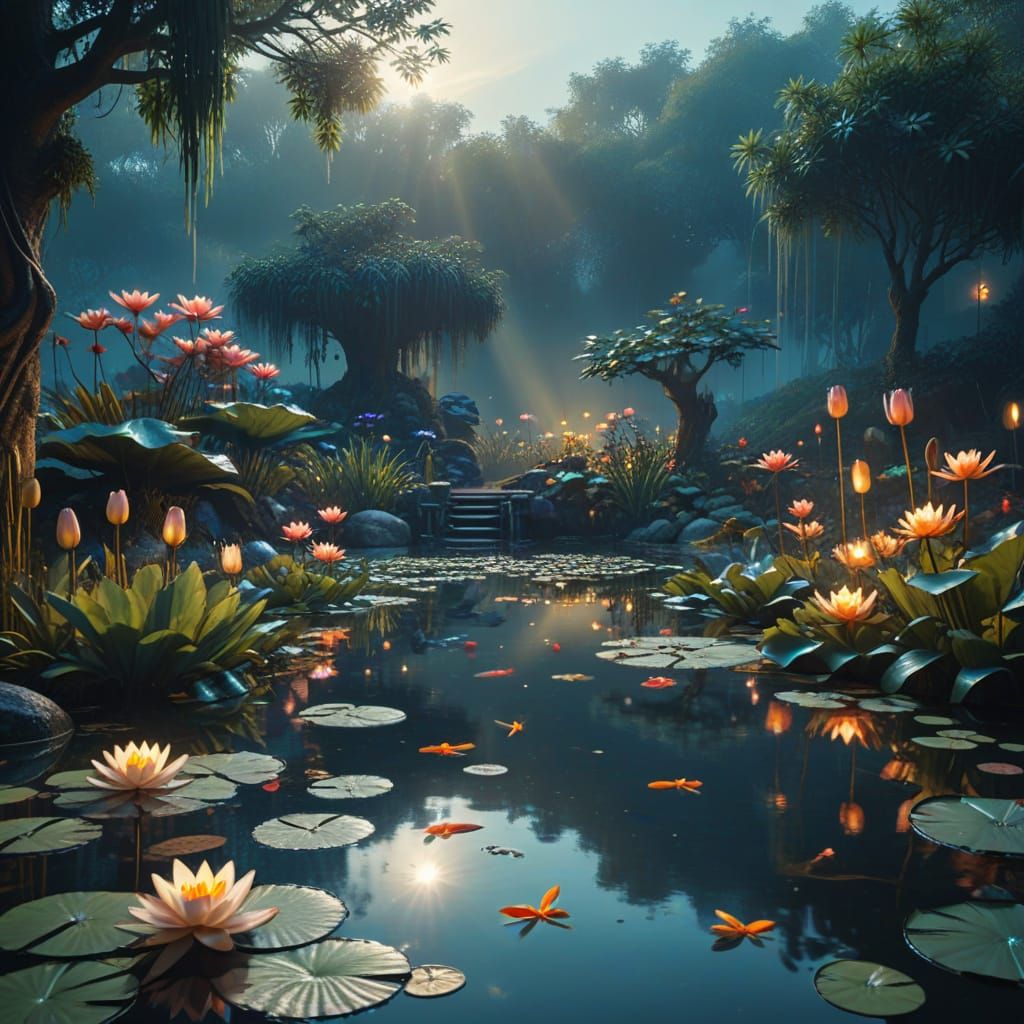 Mystical Koi Pond with Lily Pads in Cinematic Style