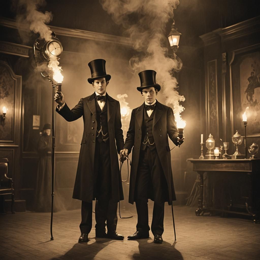 Vintage Magician and Assistant in Sepia Tone