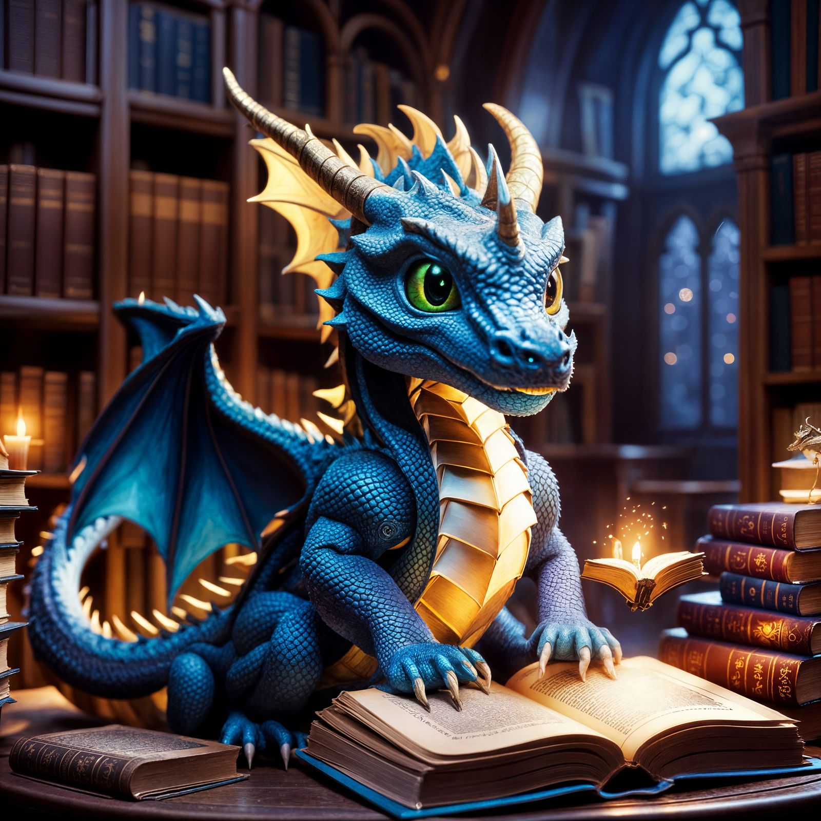Cute Dragon Reads Enchanted Book in Library