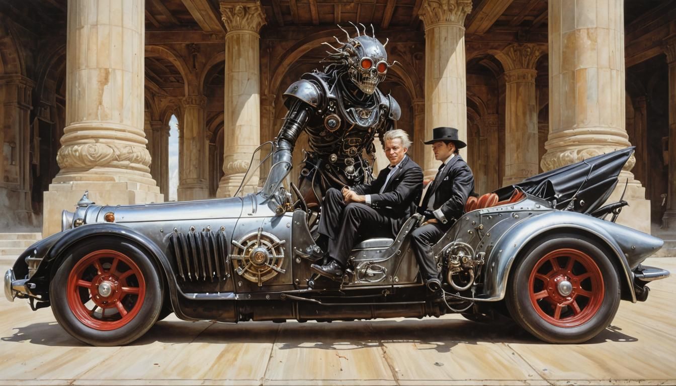 Steampunk Driver in Monster Mobile, Collage Style