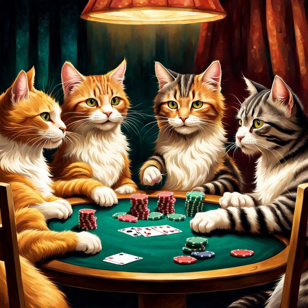 Feline Friends Deal Their Cards in a Whimsical Poker Scene