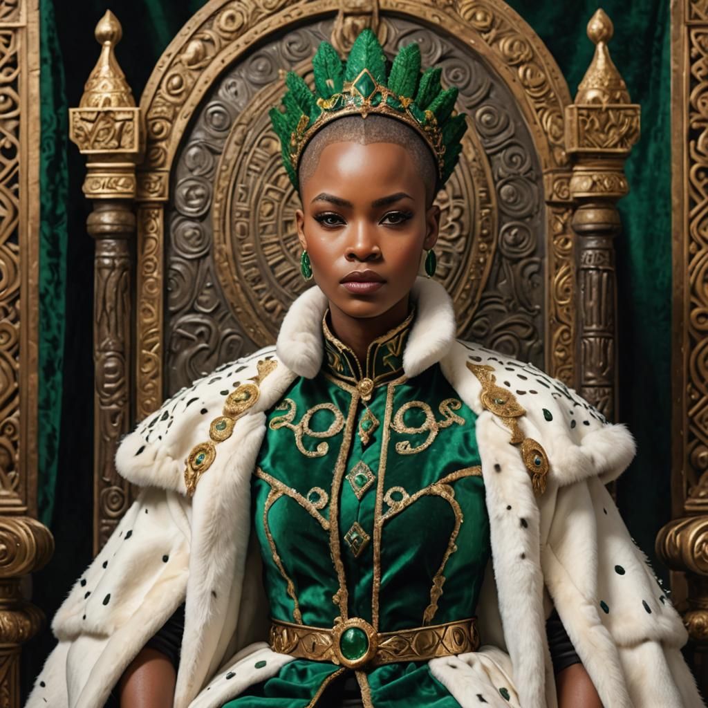 African Queen in Emerald Armor Before Throne