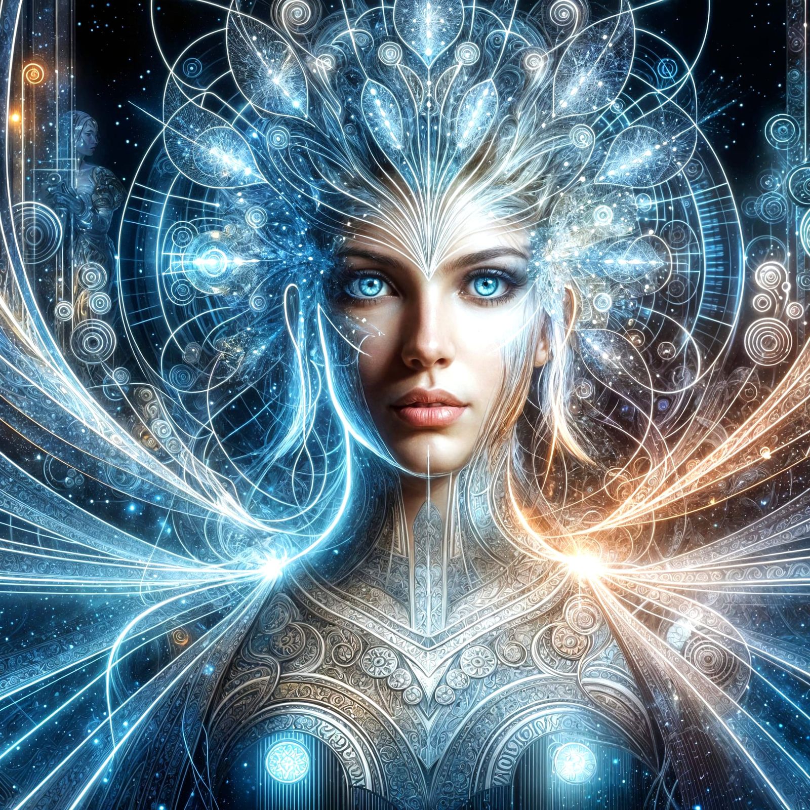 Digital Goddess Radiating Light in a Virtual Realm