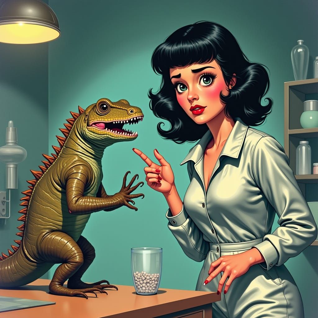 Woman Menaced by Lizard in Retro Sci-Fi Laboratory