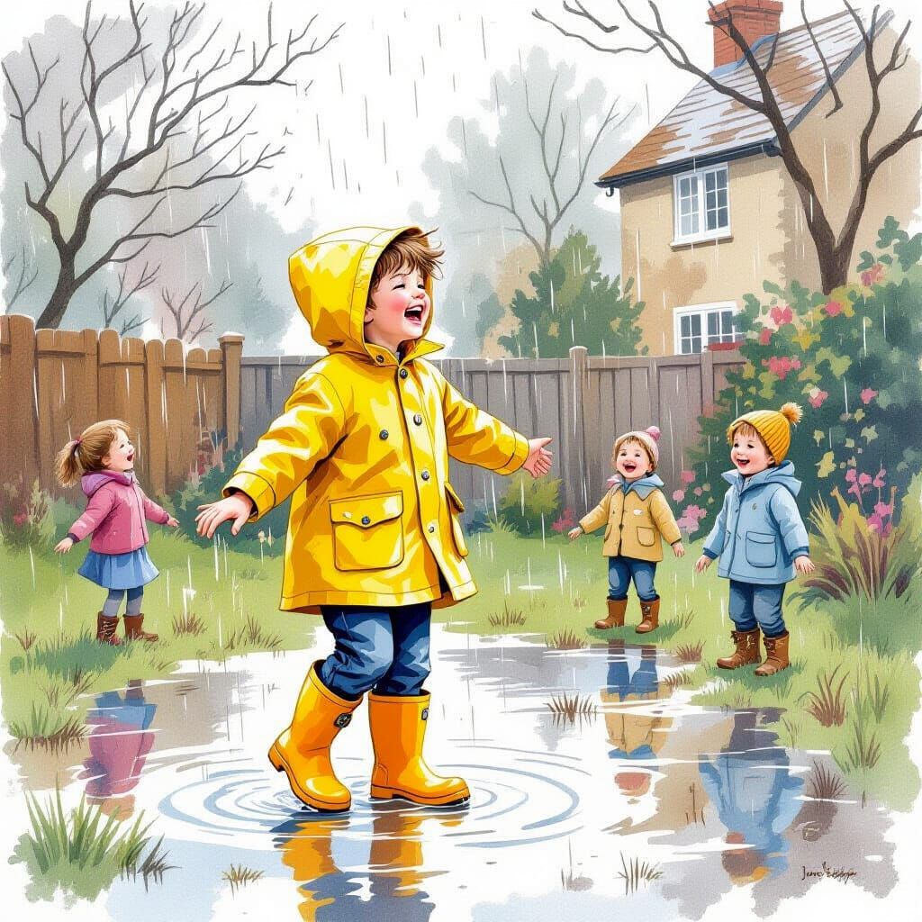 Boy in Yellow Raincoat Twirls in Whimsical Puddles