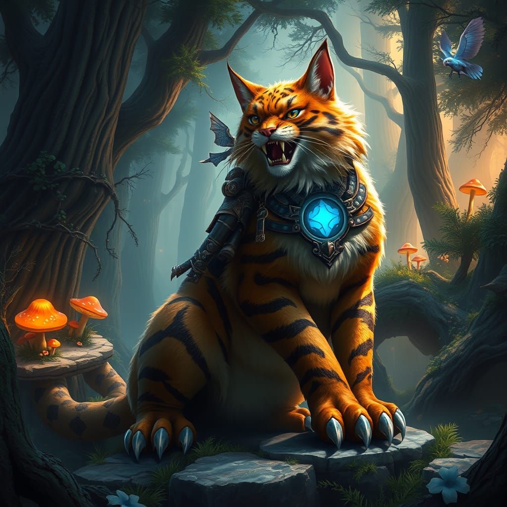 Regal Feline Throne with Adventurer in Mystical Forest