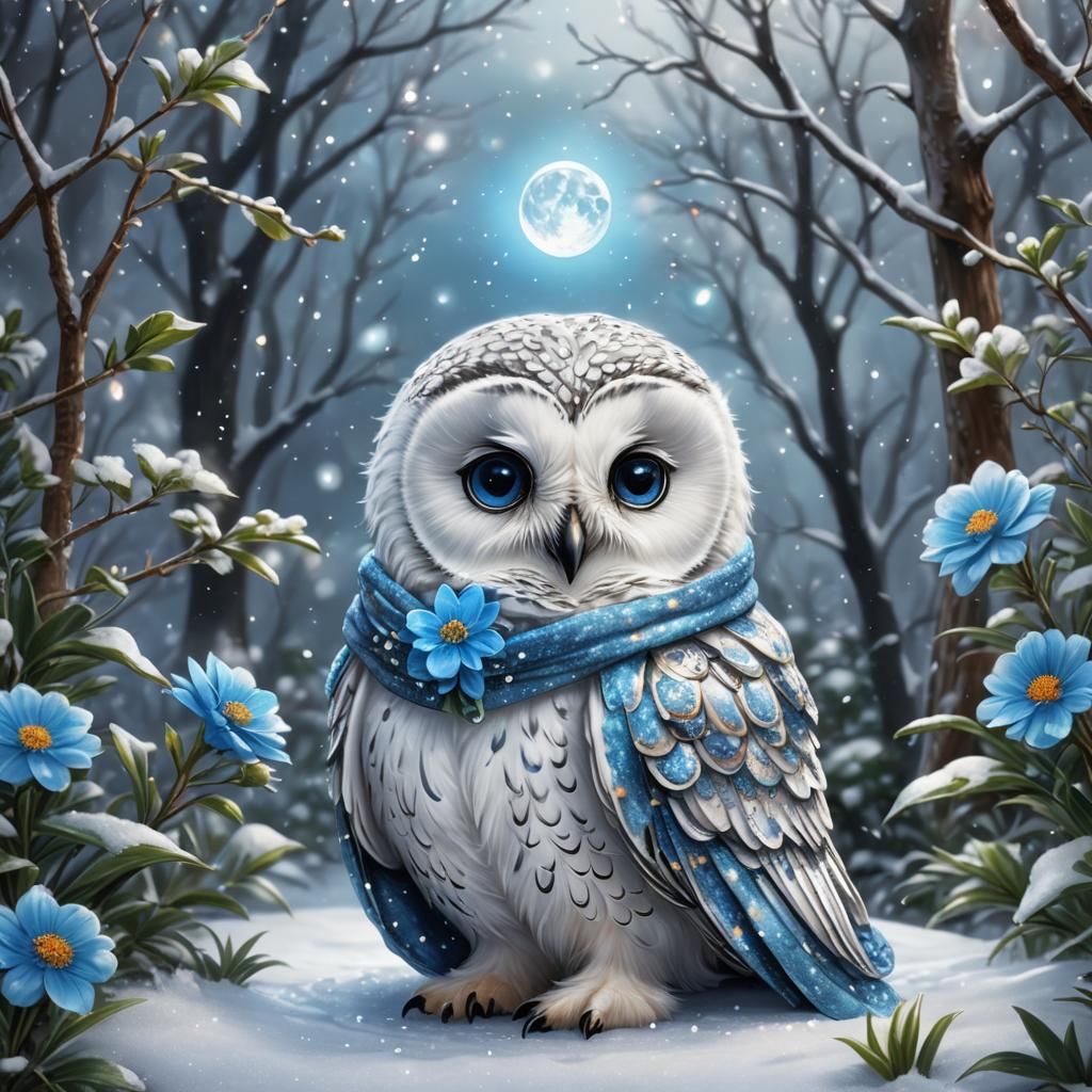 Adorable Baby Owl in Winter Garden