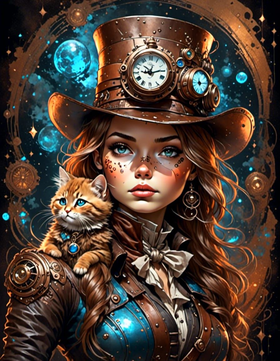 Steampunk Cowboy Girl Portrait with Cat