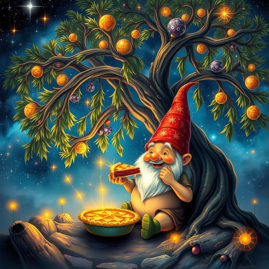 Jovial Gnome Under Cosmic Willow Tree