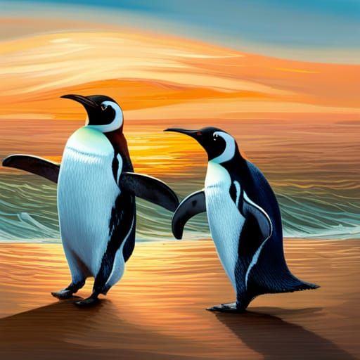 Hyperrealistic Penguins Walking Towards the Sea