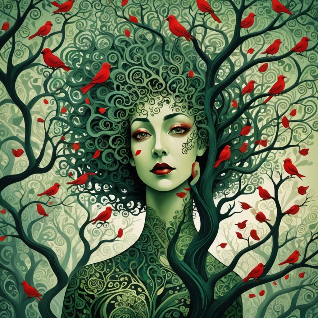 Tree Woman with Birds in Abstract Vector Art