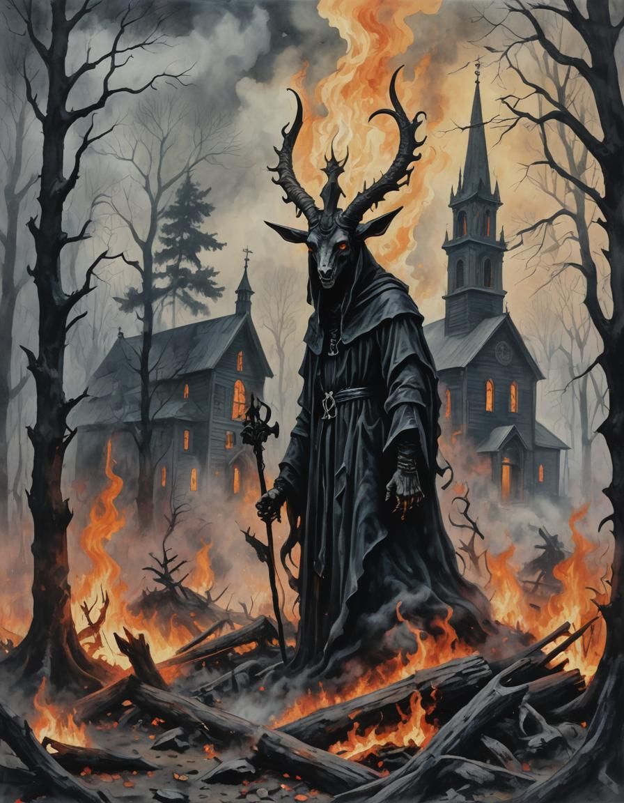 Haunted Forest with Goat Cultist in Gouache Style