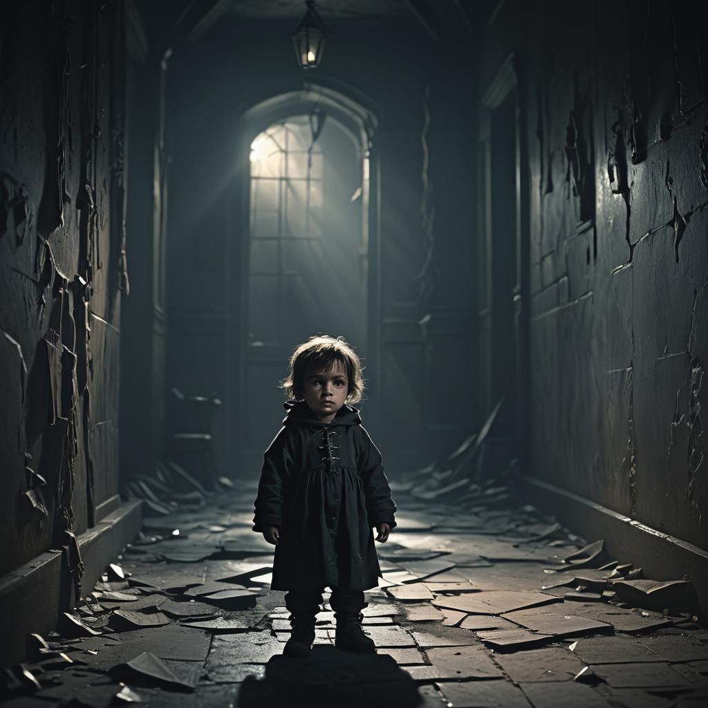 Gothic Low-Poly Art: Crying Child in Abandoned Hallway