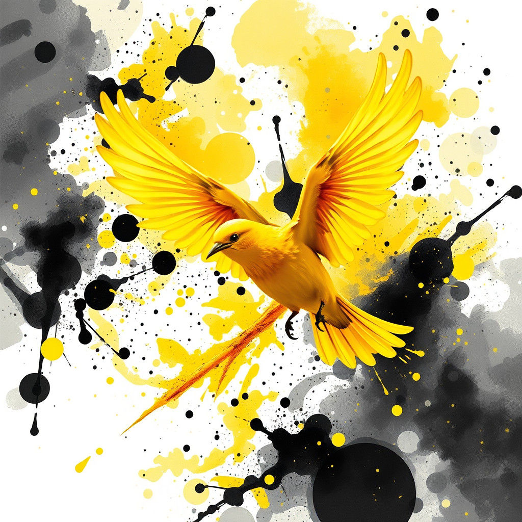 Dynamic Yellow Bird in Flight: Watercolor Matte Painting