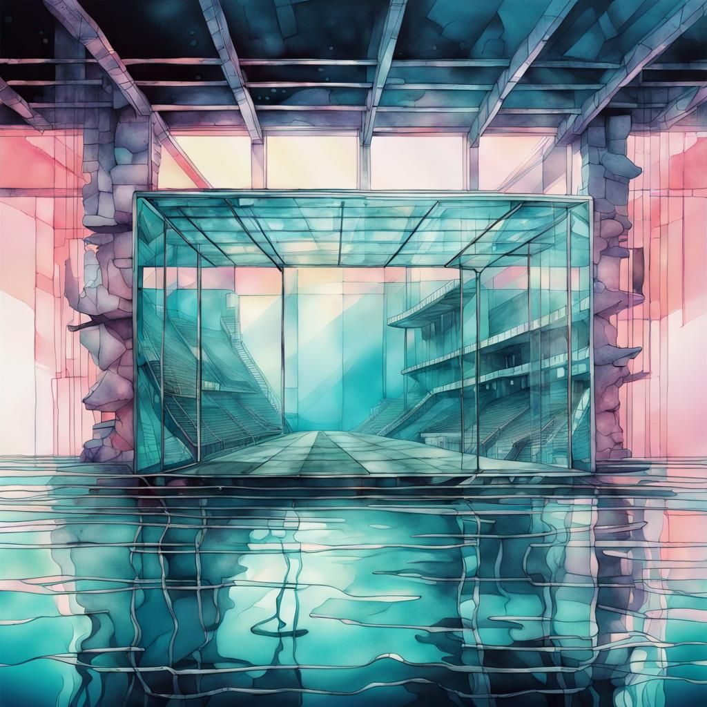 Underwater Glass Stadium Ruins in Contrasting Colors