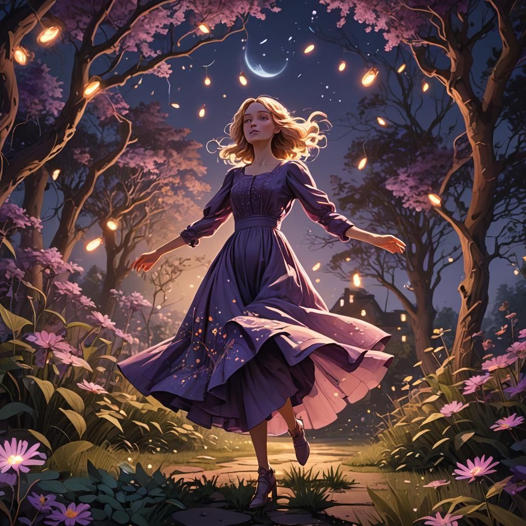 Lonely Dolly Dances in Moonlit Garden: Concept Art