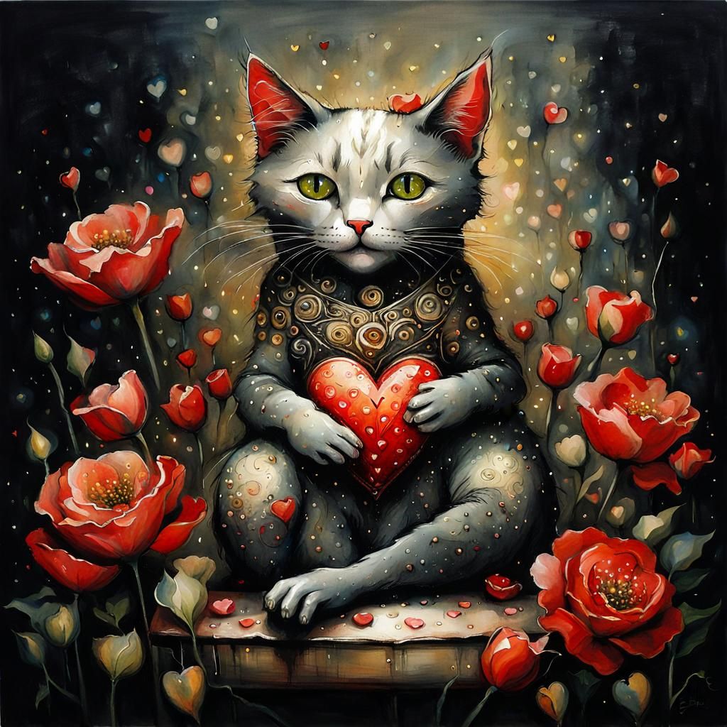 Cute Cat Surrounded by Flowers, Digital Art