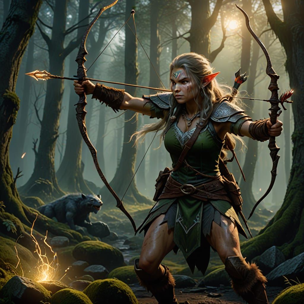 Human Ranger Battles Mossy Troll in Misty Forest