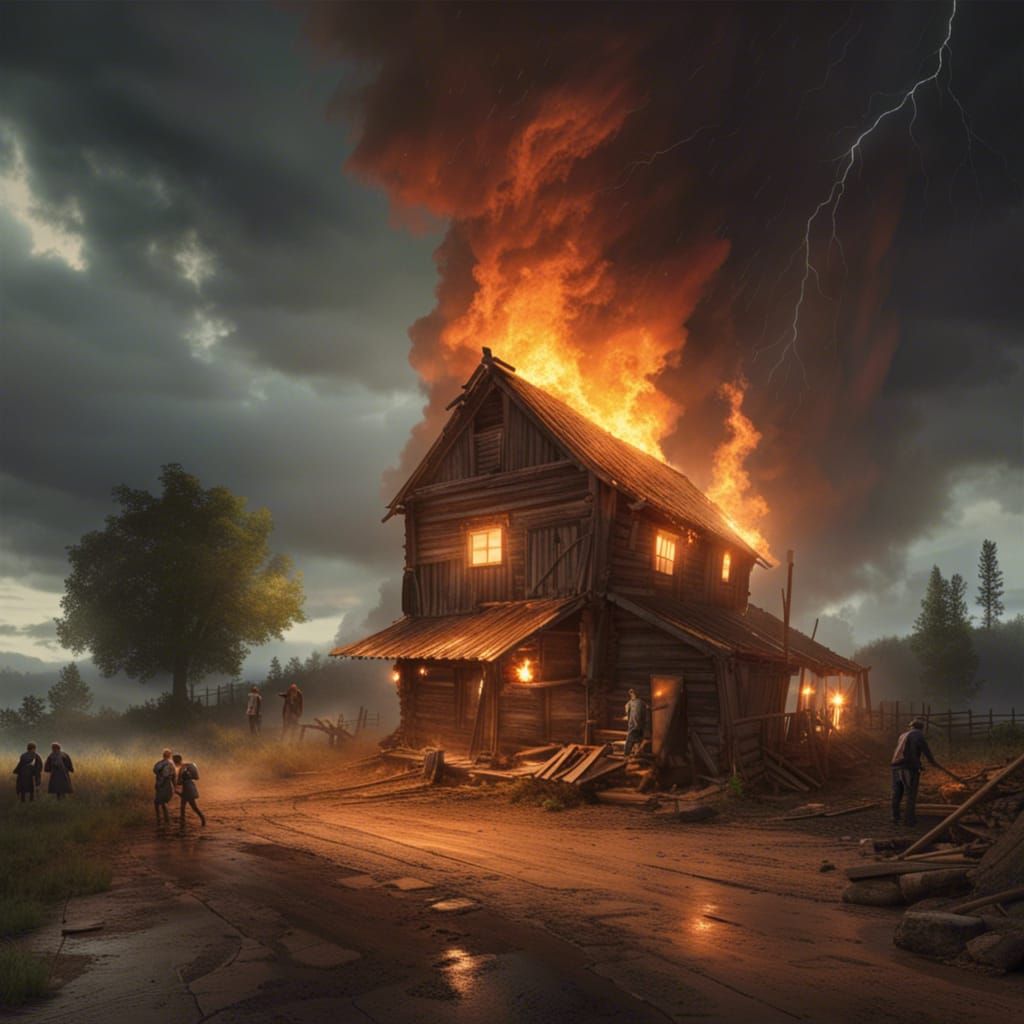 Burning Windmill During Thunderstorm: Fantasy Concept Art