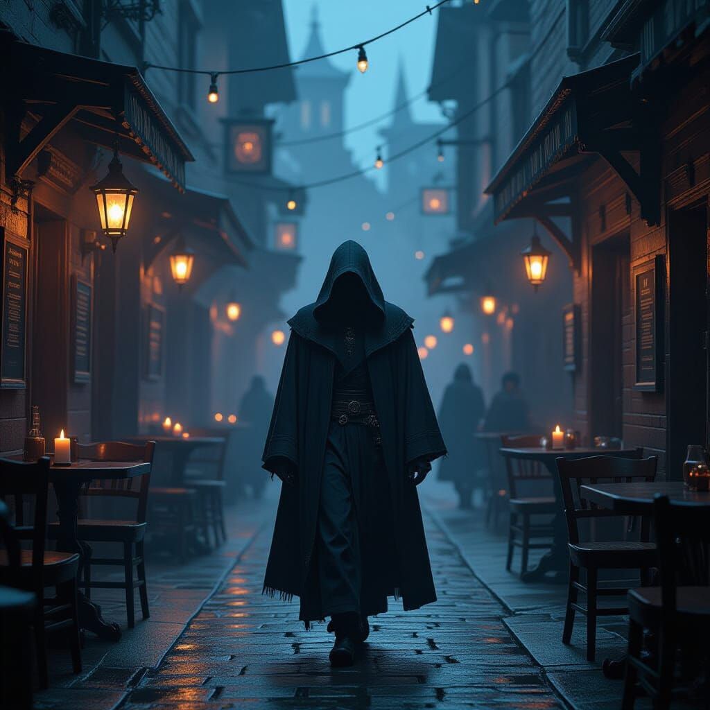 Mystical Figure in Foggy Taverns and Alleyways