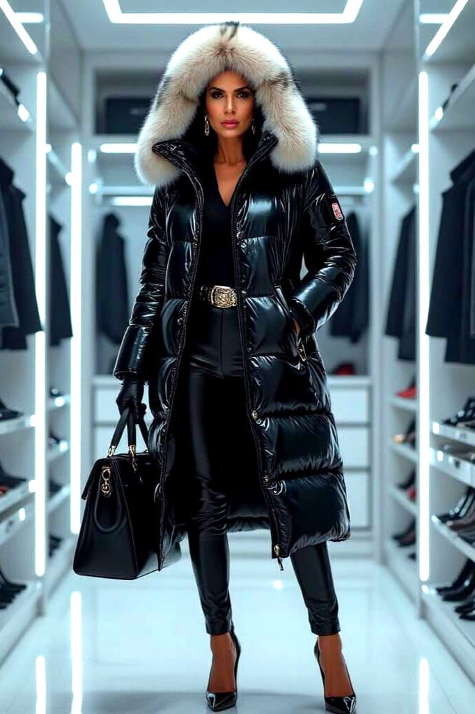 Elegant Woman in Puffer Coat, Cinematic Film Still