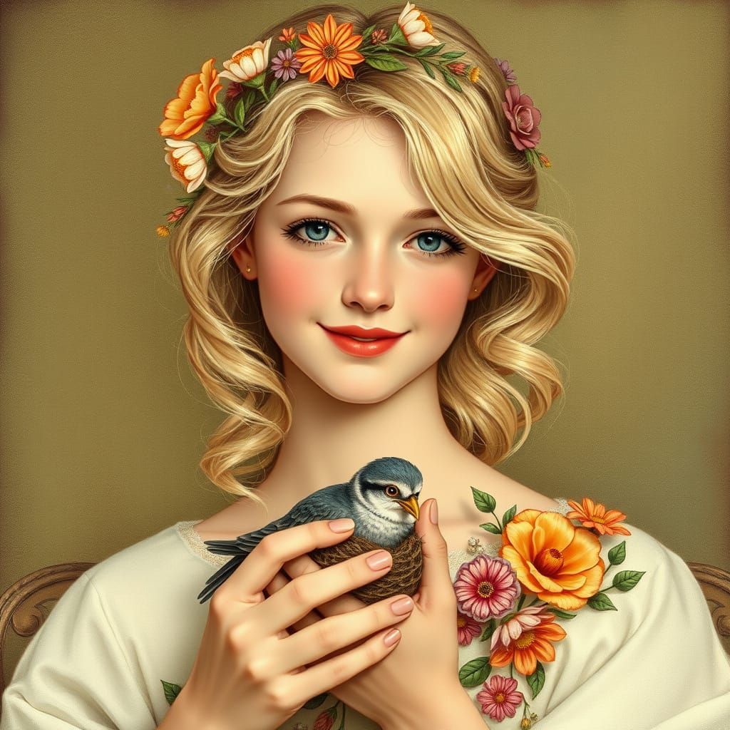 Sunny European Girl with Bird Nest and Flowers in Hair