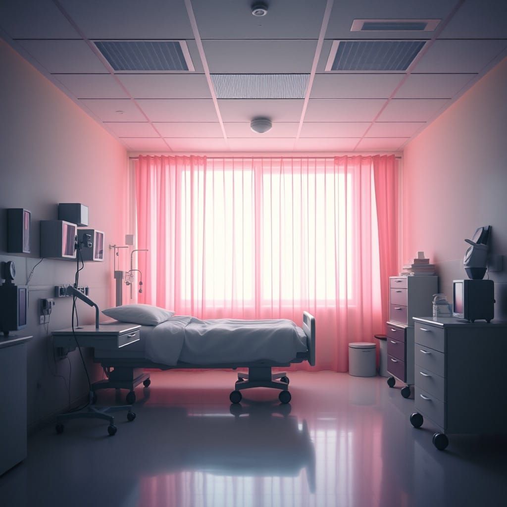 Ethereal Nighttime Hospital Scene in Soft Pale Pink Hues