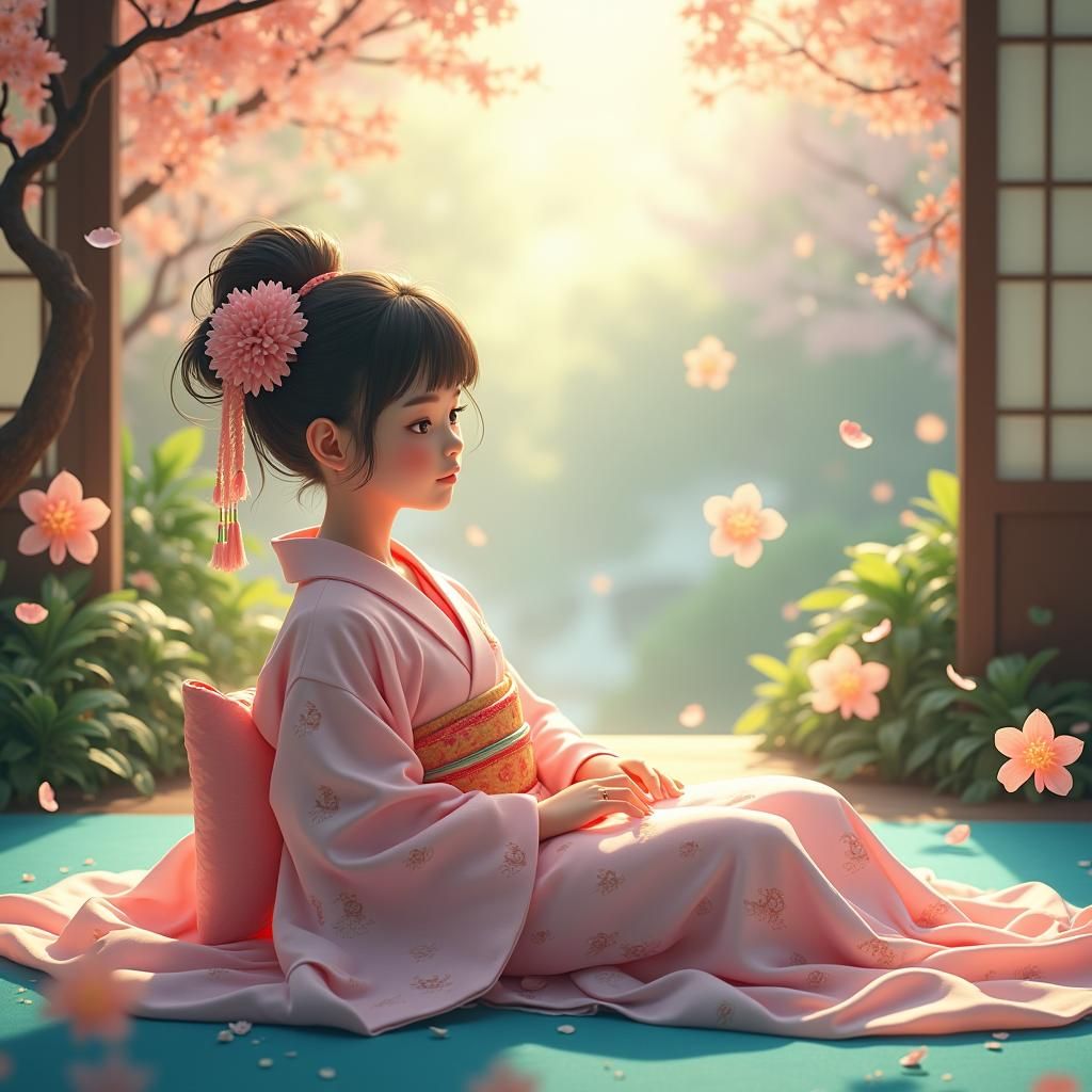 Dreamlike Japanese Garden Girl in Pastel Yukata
