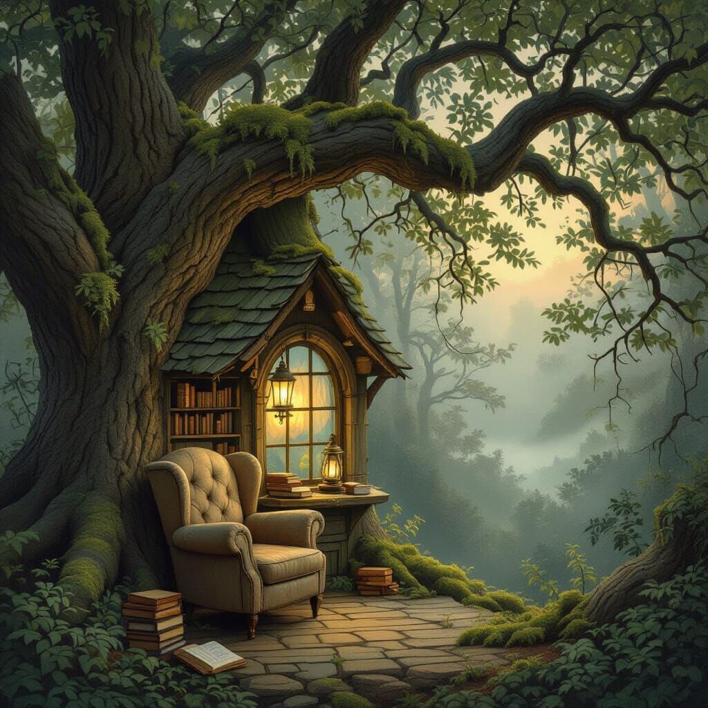 Whimsical Treehouse in Misty Forest, Painterly Style