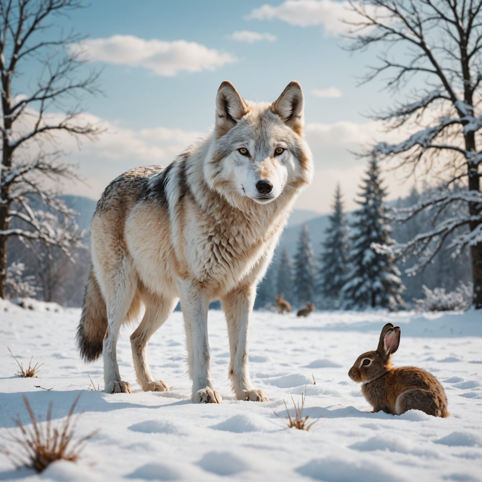 Wolf and Rabbit Encounter in Snowy Meadow