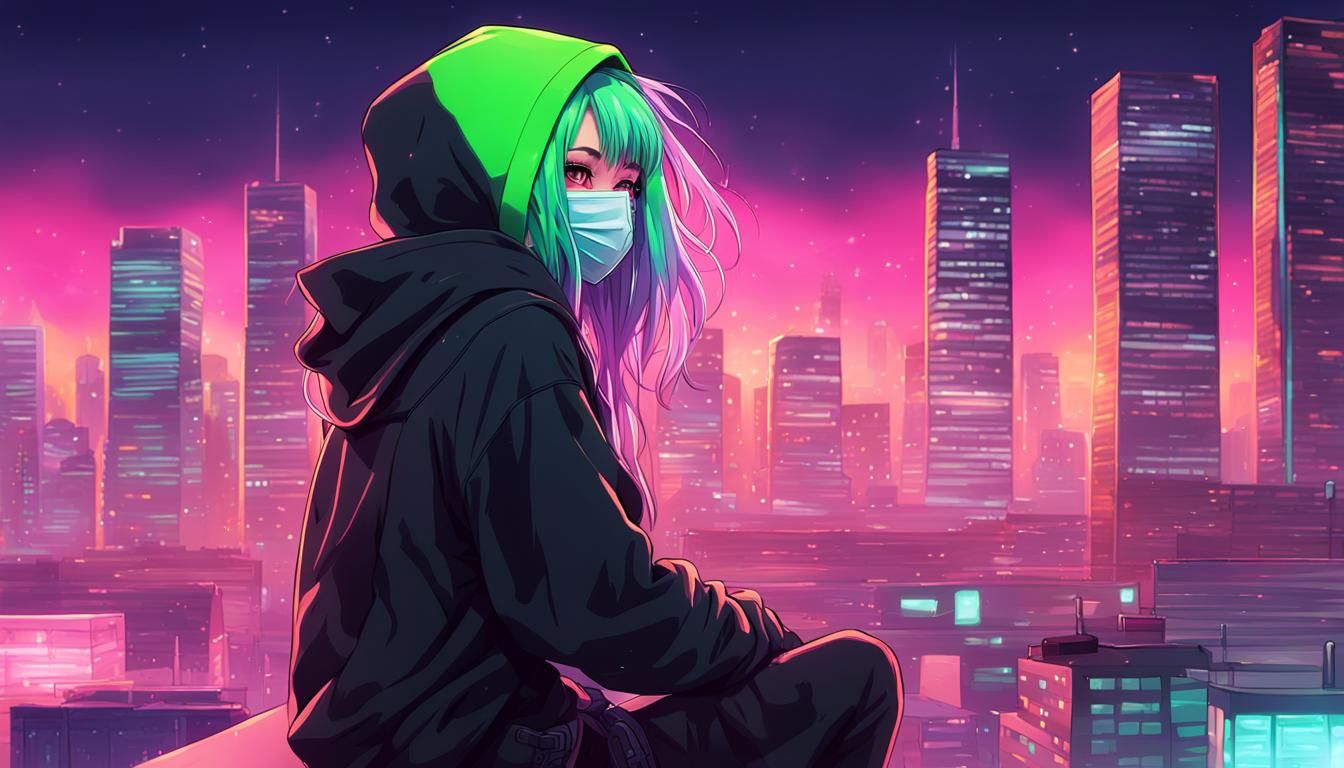 Anime Girl in Neon Cityscape with Sun Flare