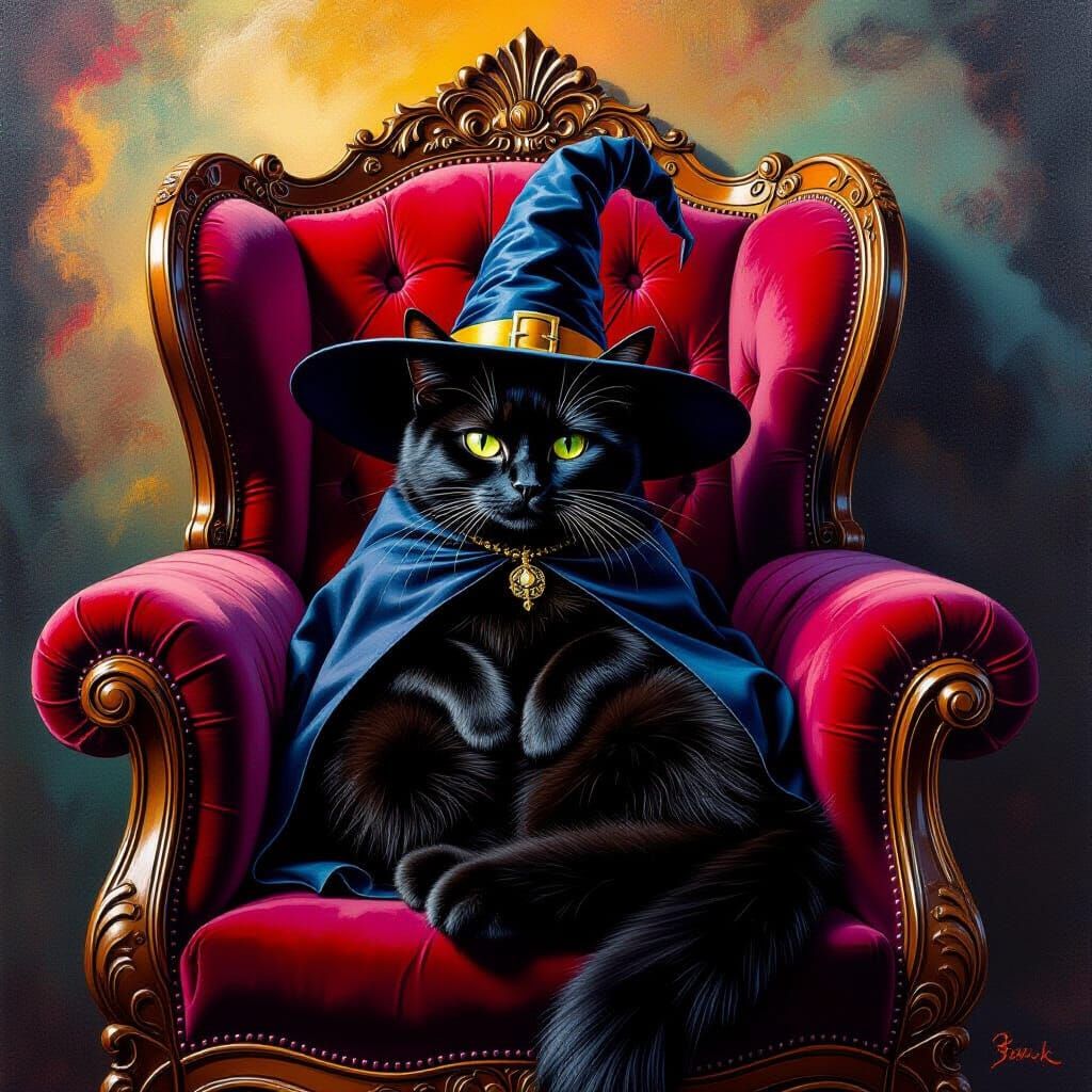 Witch Cat in Velvet Chair: Dreamlike Oil Painting