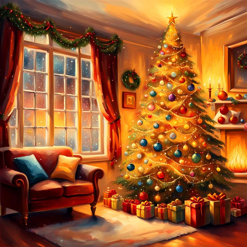 Festive Christmas Tree Oil Painting in Cozy Room