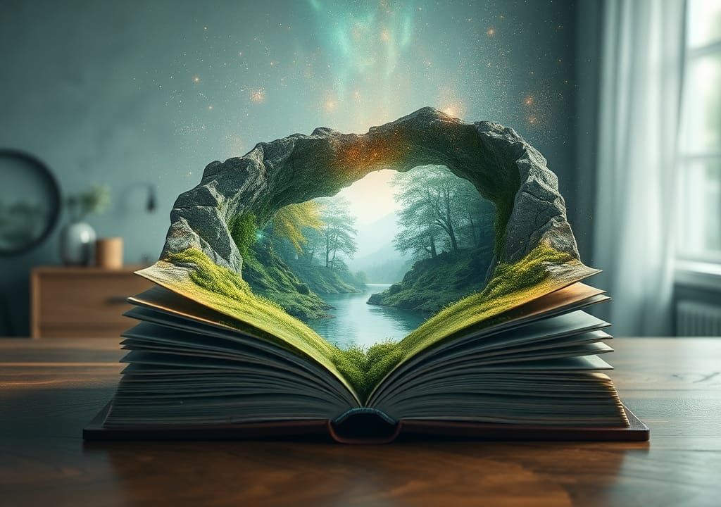 Emerald Galaxy Eco-Book with Eucalyptus Forest, 3D Render