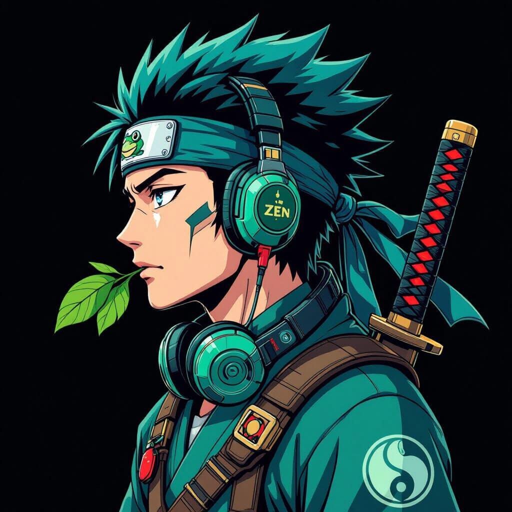 Modern Samurai Portrait in Anime Cyberpunk Style