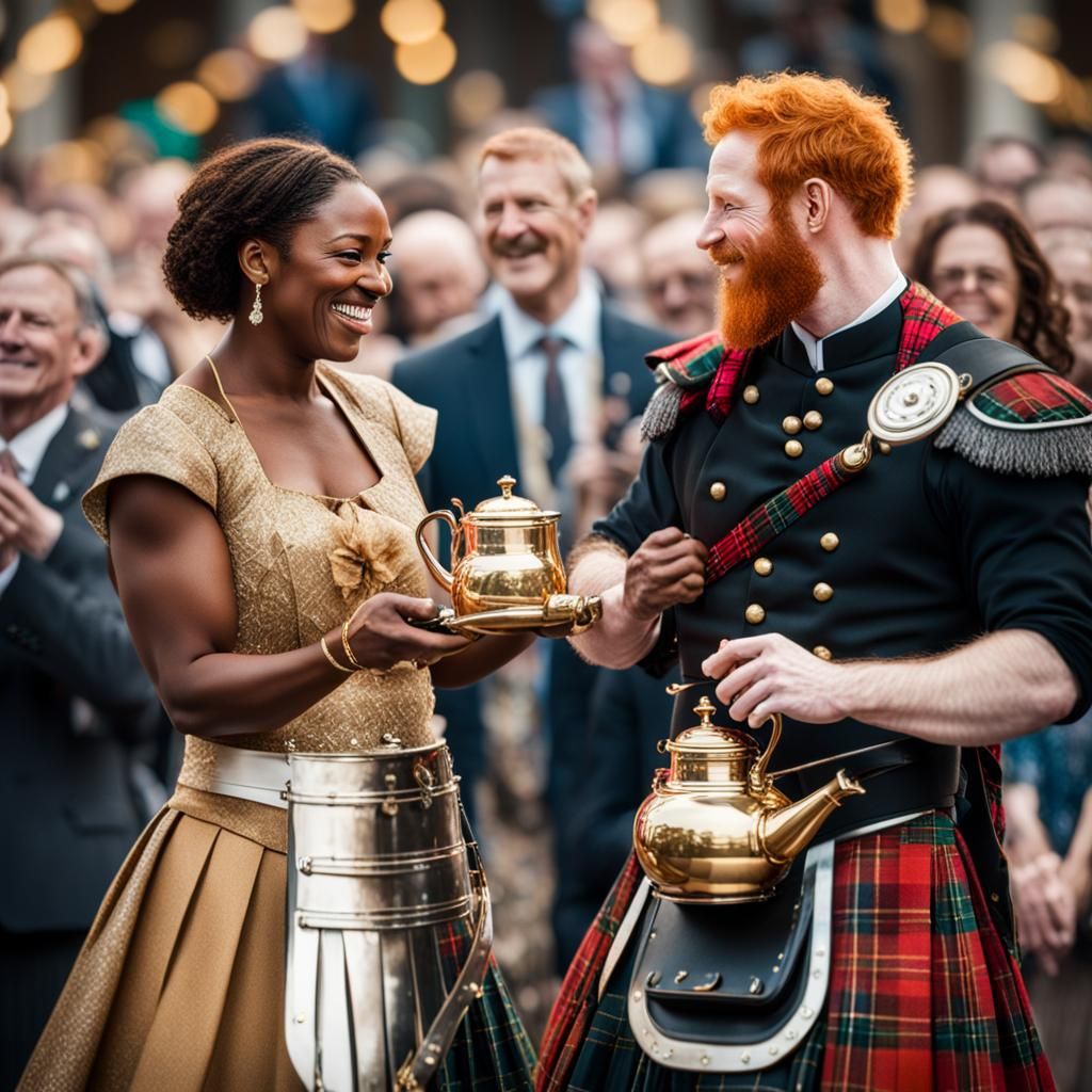 Smiling Scotsman Receives Teakettle at Award Ceremony