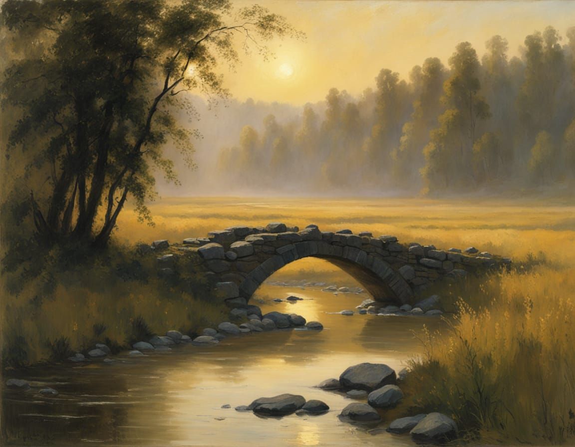 Stone Bridge in Golden Light, Classical Landscape