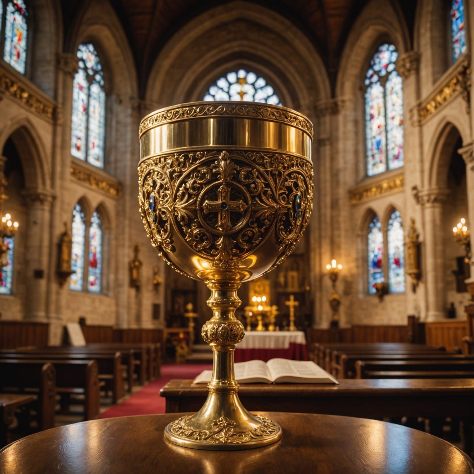 Golden Hour Chalice in Ornate Church Setting